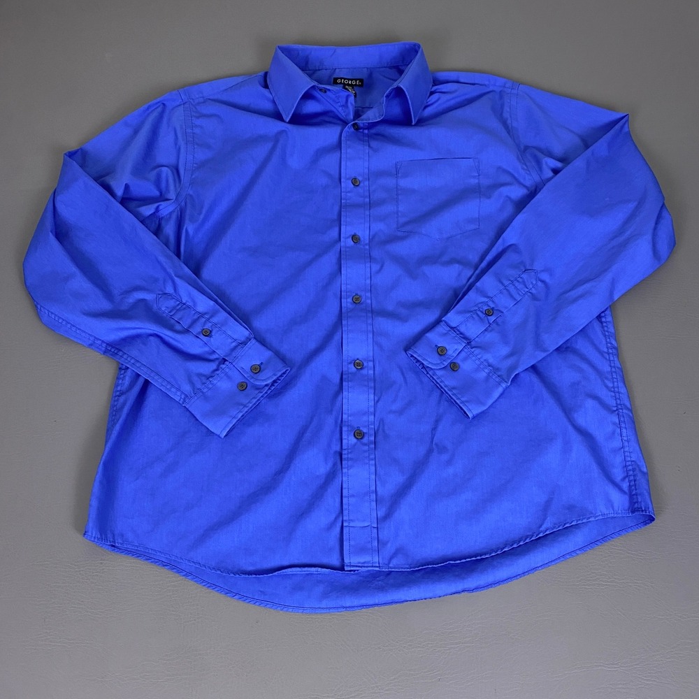 George Button Shirt Button Down Men's XL Long Sleeve Blue Solid Cotton Blend